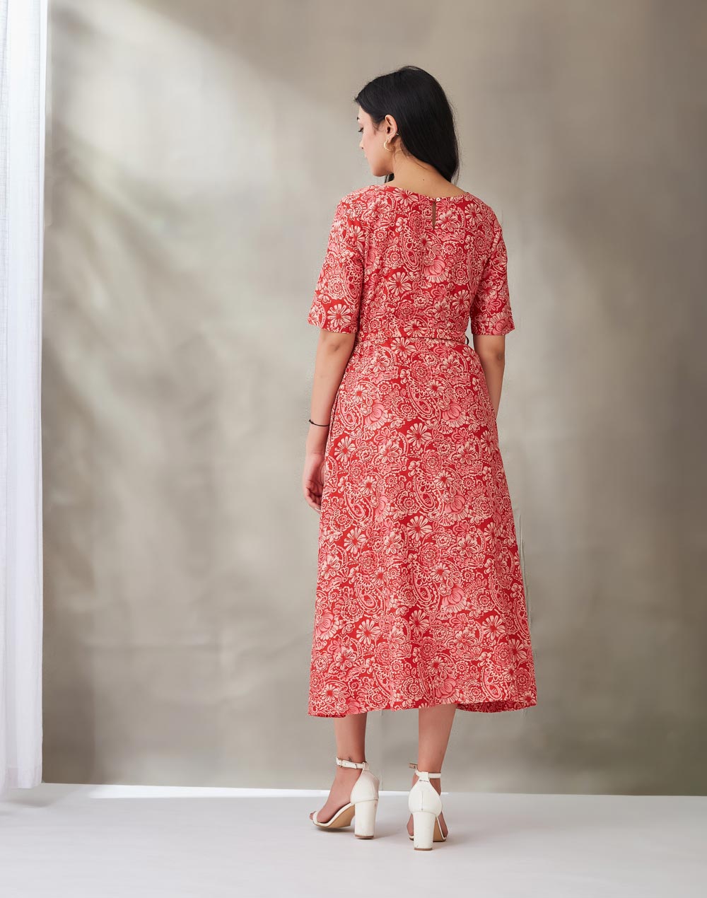 Red Cotton Silk Hand Block Printed Midi Dress