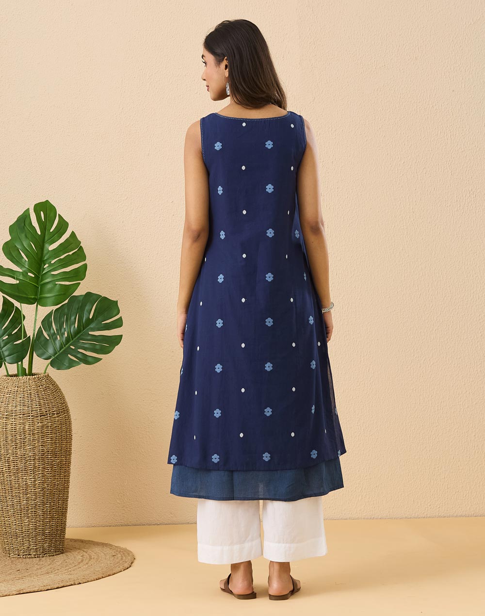Indigo Cotton Dobby Slim Fit Long Kurta