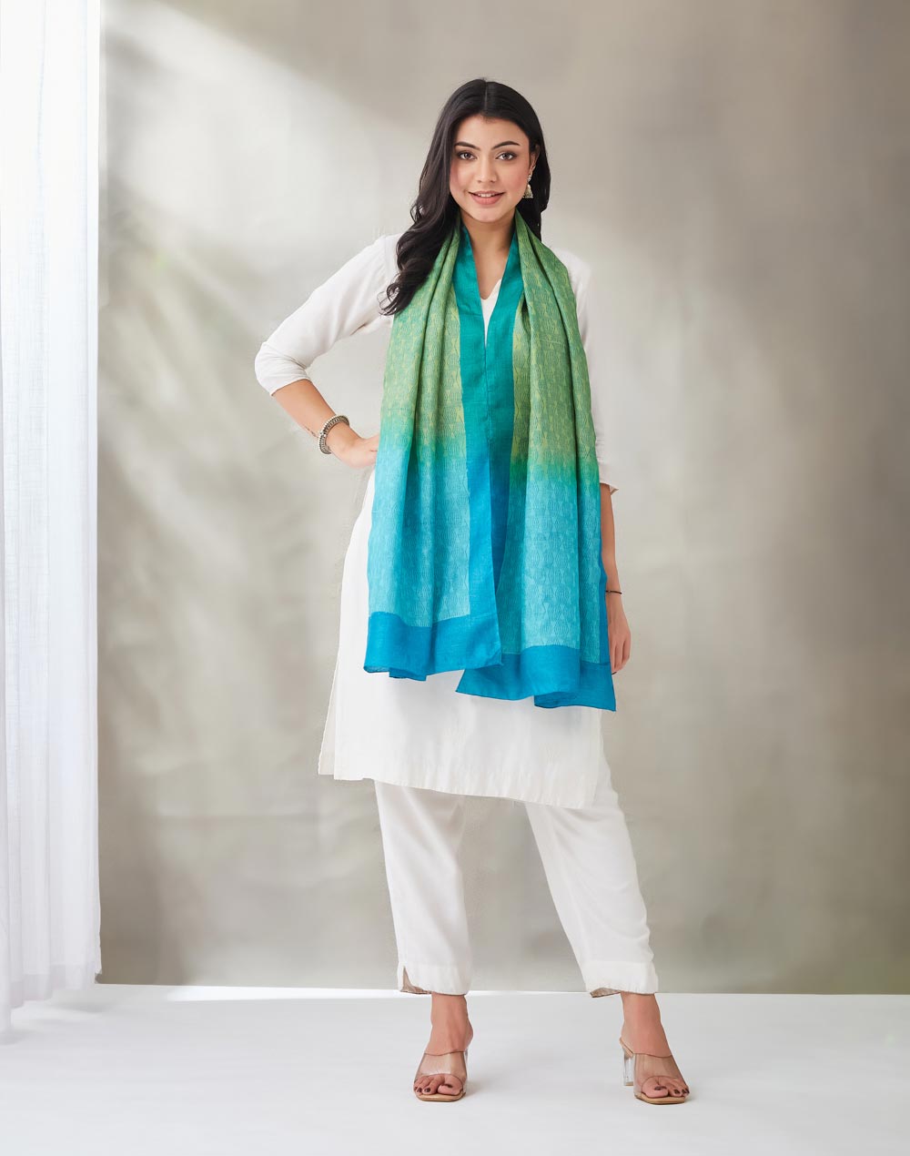 Green Silk Hand Block Printed Stole