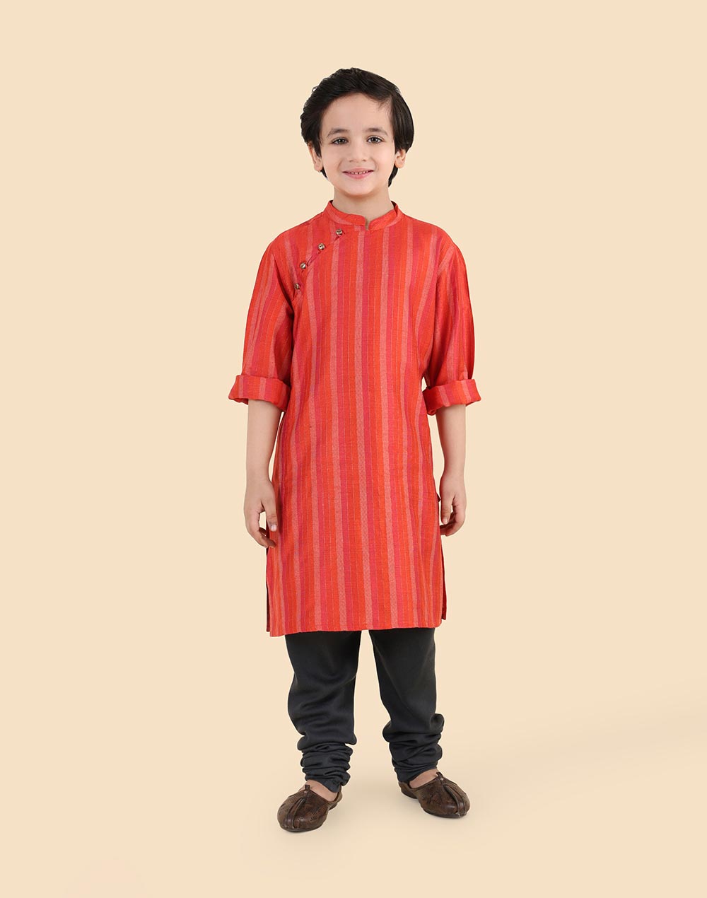 Red Viscose Blend Stripe Long Kurta