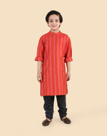 Red Viscose Blend Stripe Long Kurta