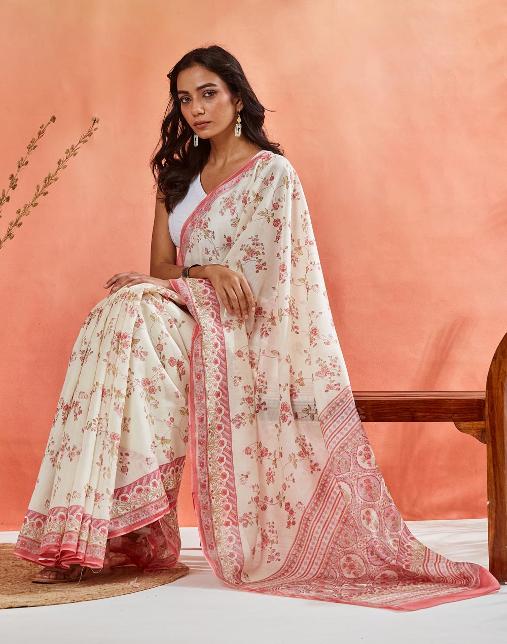 Pink Cotton Silk Hand Block Print Sari