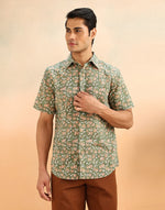 Green Cotton Hand Block Printed Slim Fit Shirt