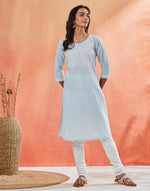 Light Blue Cotton Chikankari Knee Length Kurta