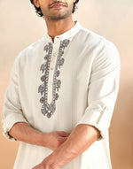 White Viscose Madhubani Stripe Short Kurta for Men with Madhubani craft detailing