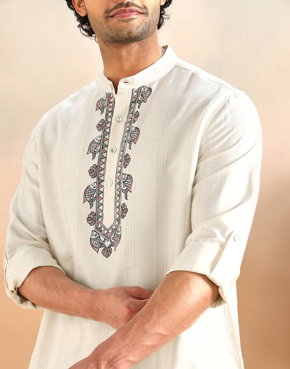 White Viscose Madhubani Stripe Short Kurta for Men with Madhubani craft detailing