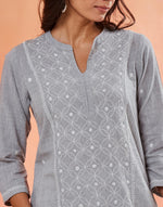 Grey Cotton Chikankari Long Kurta