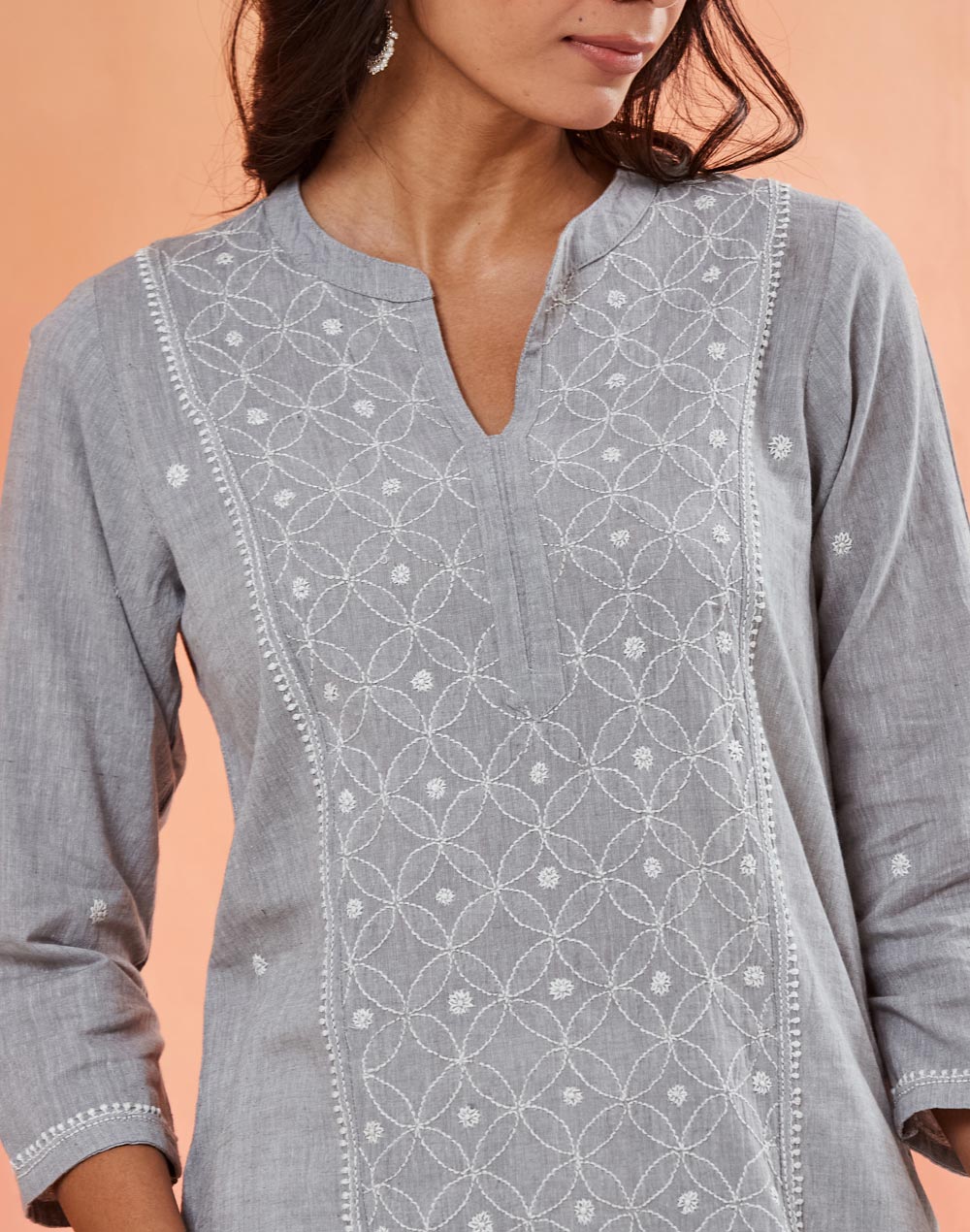 Grey Cotton Chikankari Long Kurta