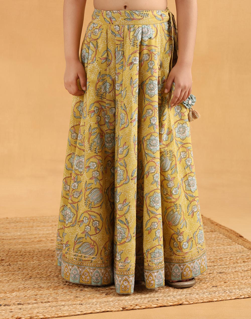 Yellow Cotton Hand Block Printed 3pc Lehenga Set