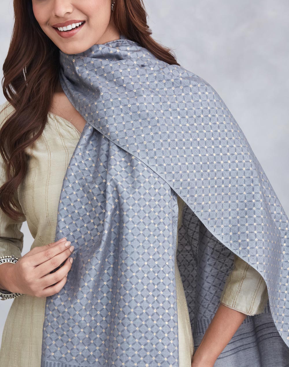 Grey Silk Hand Block Printed Stole