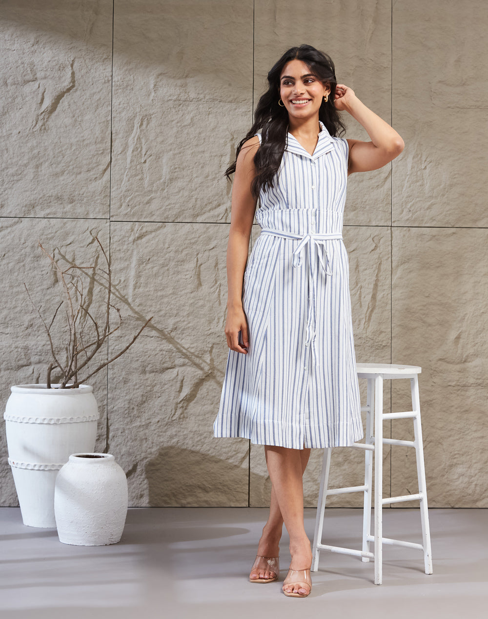 White Cotton Striped Midi Dress