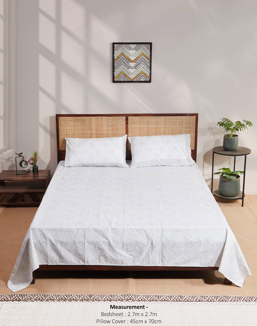 Grey Hand Block Cotton Printed Bed Sheet With 2 Pillow Covers