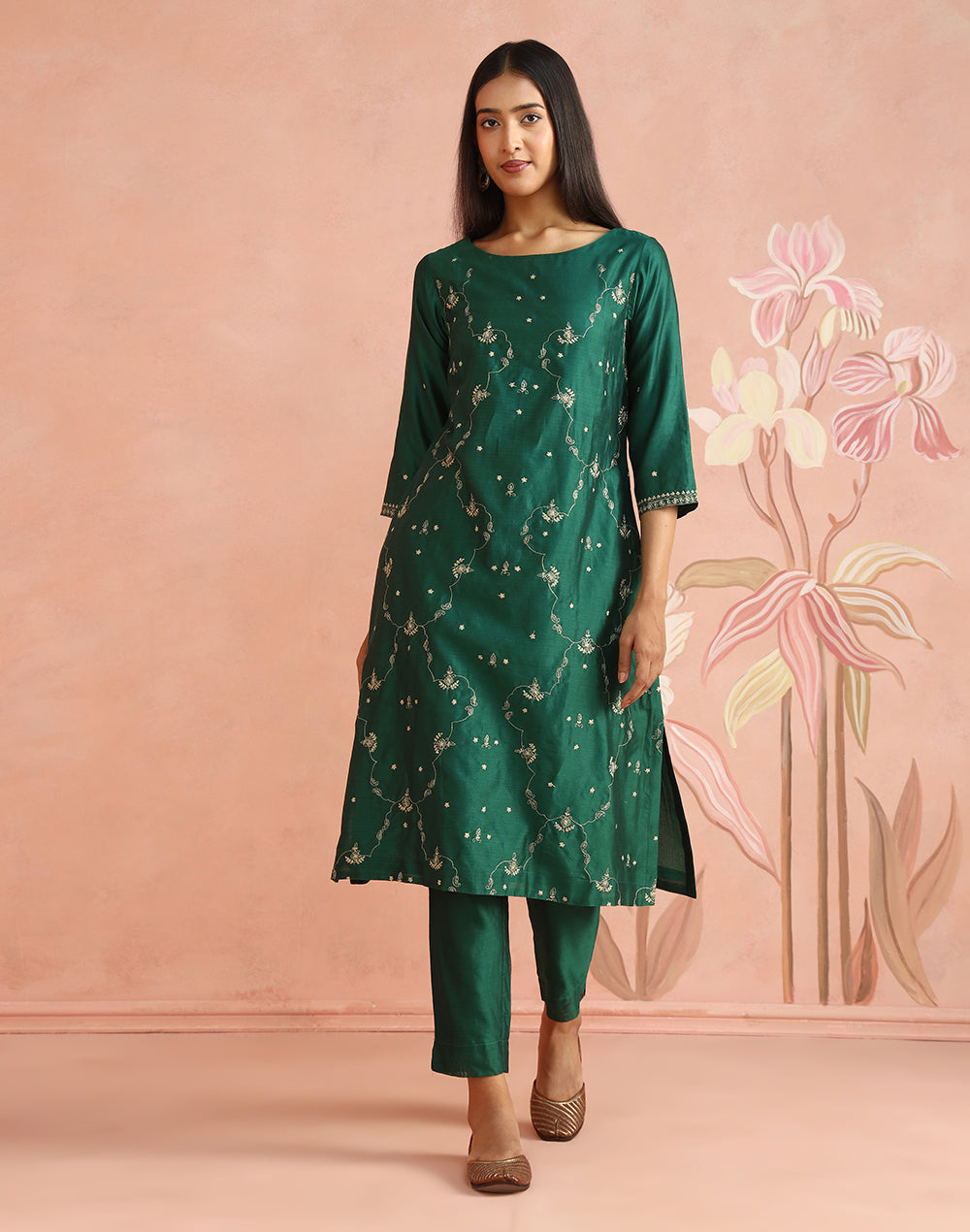 Emerald Cotton Silk Embroidered Long Kurta