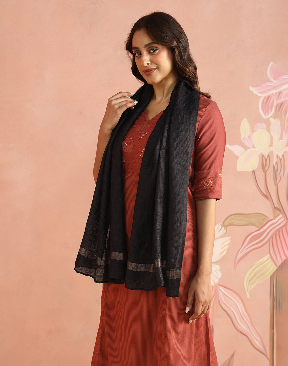 Black Silk Blend Hand Woven Stole