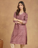 Purple Cotton Silk Hand Block Printed Knee Length Kurta