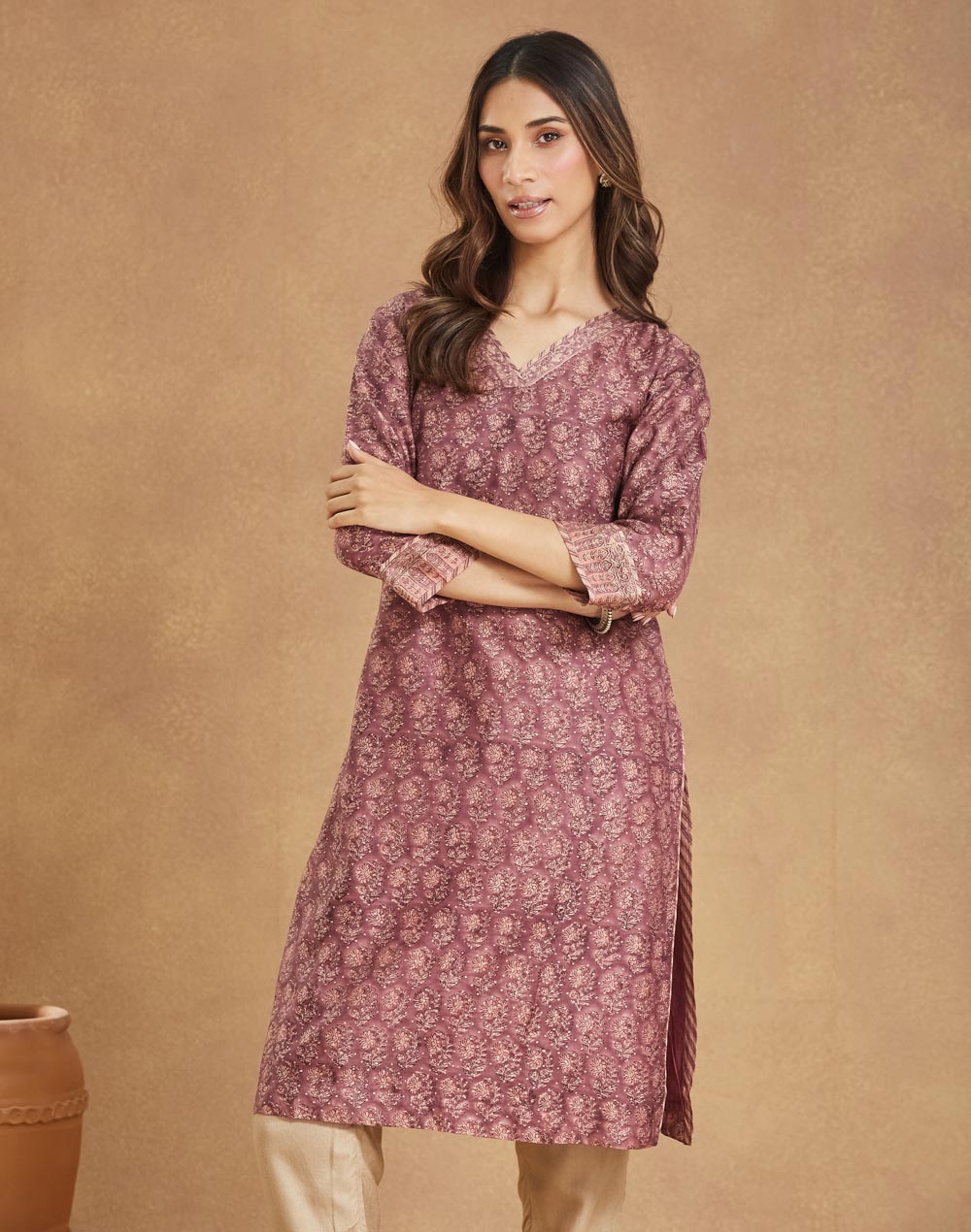 Purple Cotton Silk Hand Block Printed Knee Length Kurta