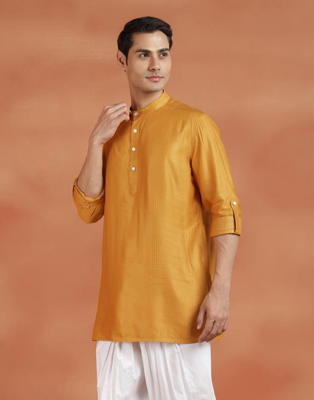 Yellow Viscose Silk Dobby Slim Fit Short Kurta