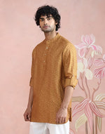 Mustard Block Print Short Kurta with Chinese collar