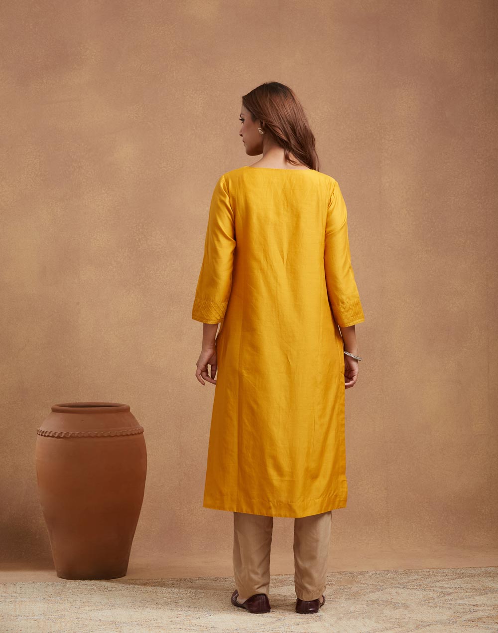 Mustard Cotton Silk Long Kurta
