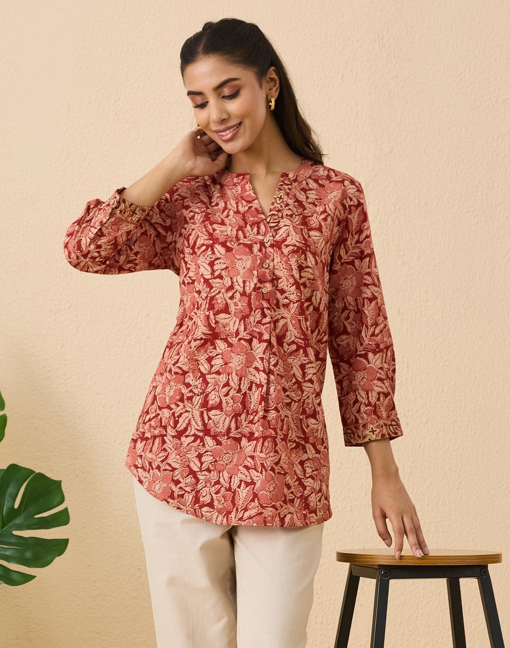 Red Cotton Kalamkari Printed Tunic