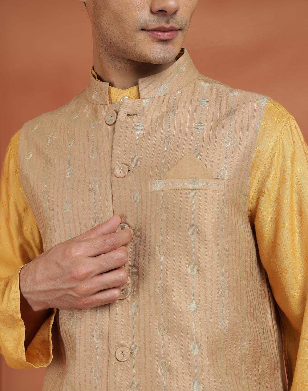 Beige Viscose Silk Nehru Jacket