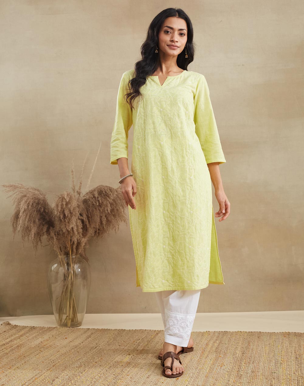 Yellow Cotton Chikankari Long Kurta
