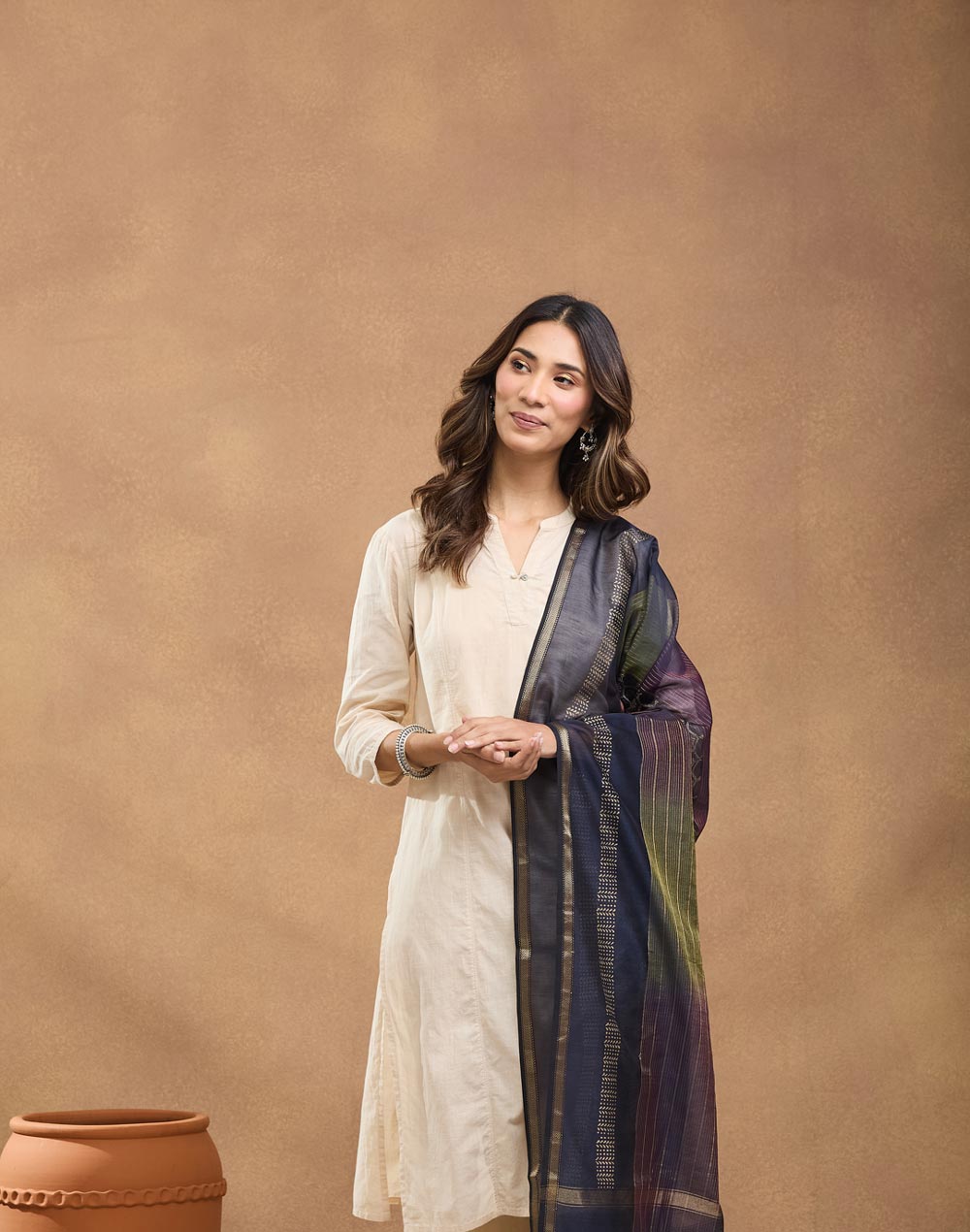 Navy Cotton Silk Blend Hand Block Printed Dupatta