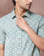 Teal Cotton Hand Block Printed Bush Shirt