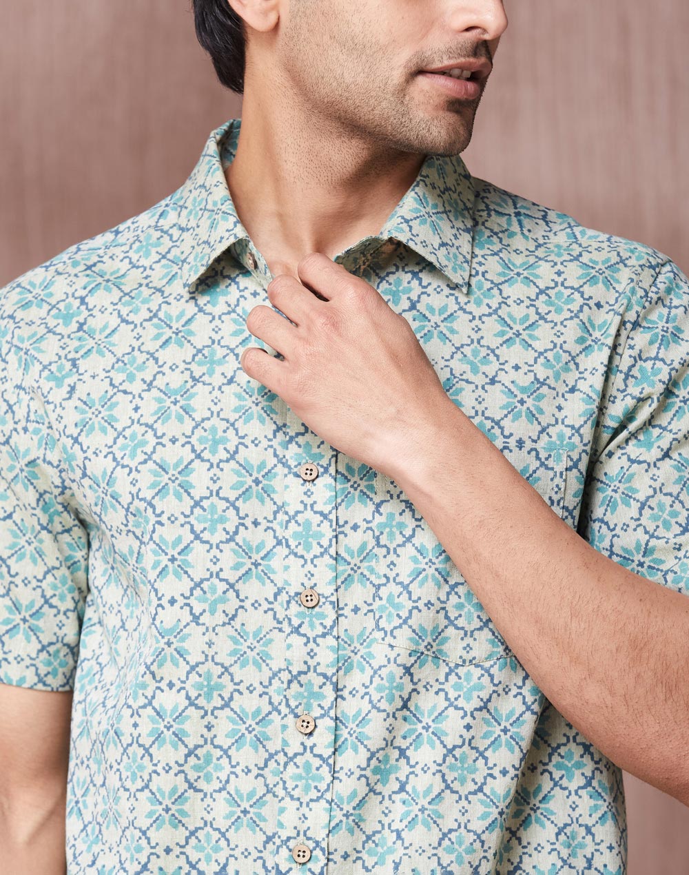 Teal Cotton Hand Block Printed Bush Shirt