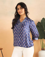 Blue Rayon Blend Hand Block Printed Helen Top