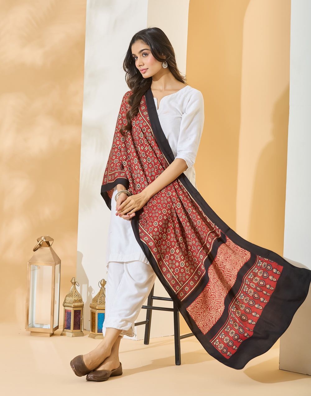 Red Viscose Blend Ajrakh Printed Stole