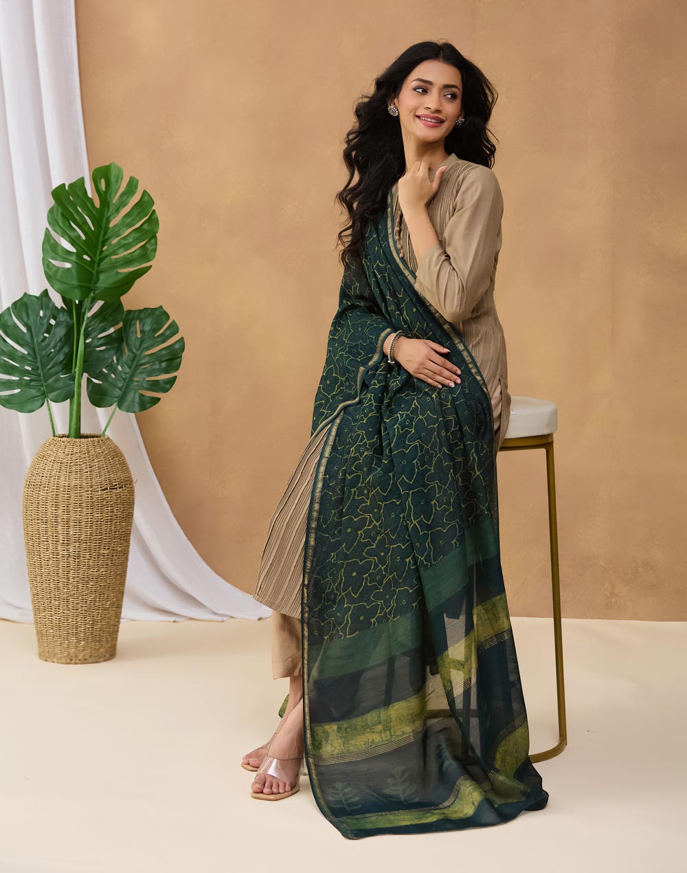 Green Cotton Silk Blend Dabu Printed Dupatta