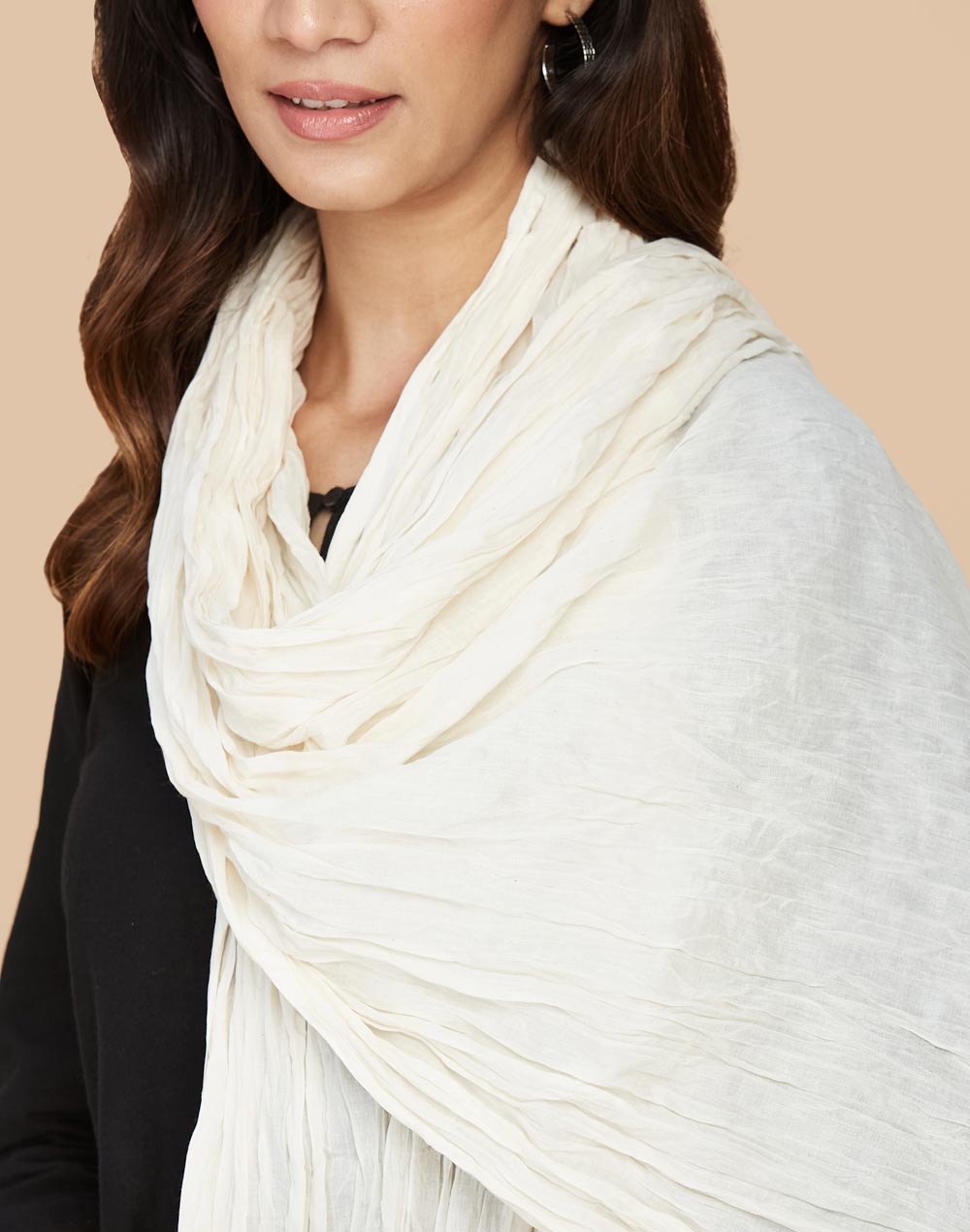 Beige Cotton Mull Plain Phunka Crinkle Dupatta