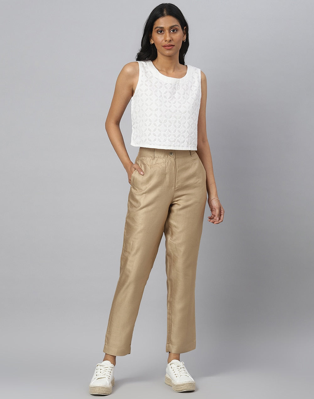 Beige Viscose Silk Slim Fit Formal Kosi Pant