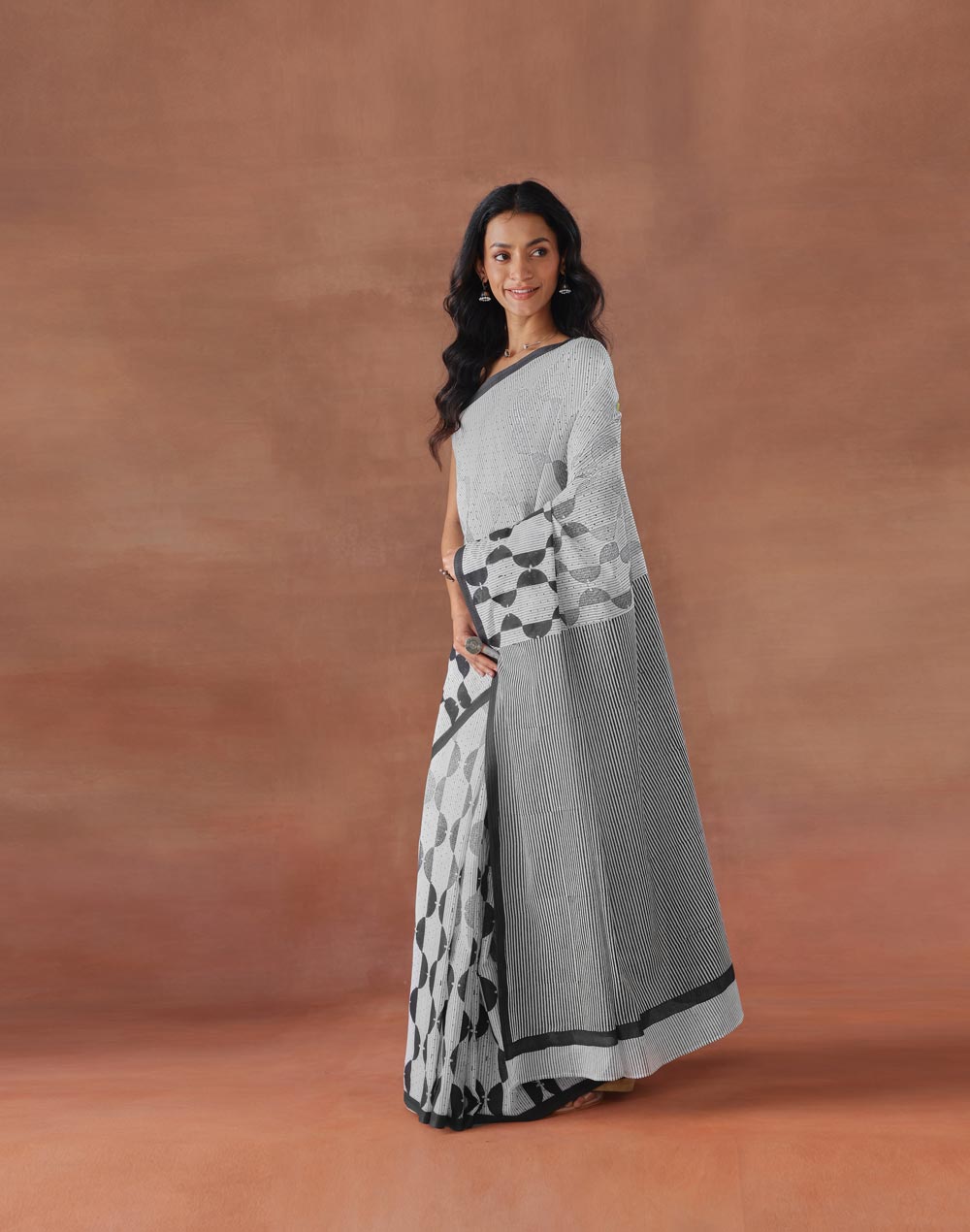 White Cotton Hand Block Printed Sari