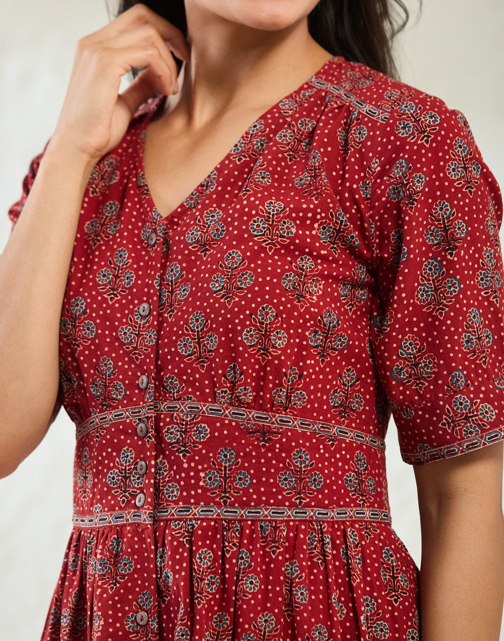 Red Cotton Ajarkh Midi Dress