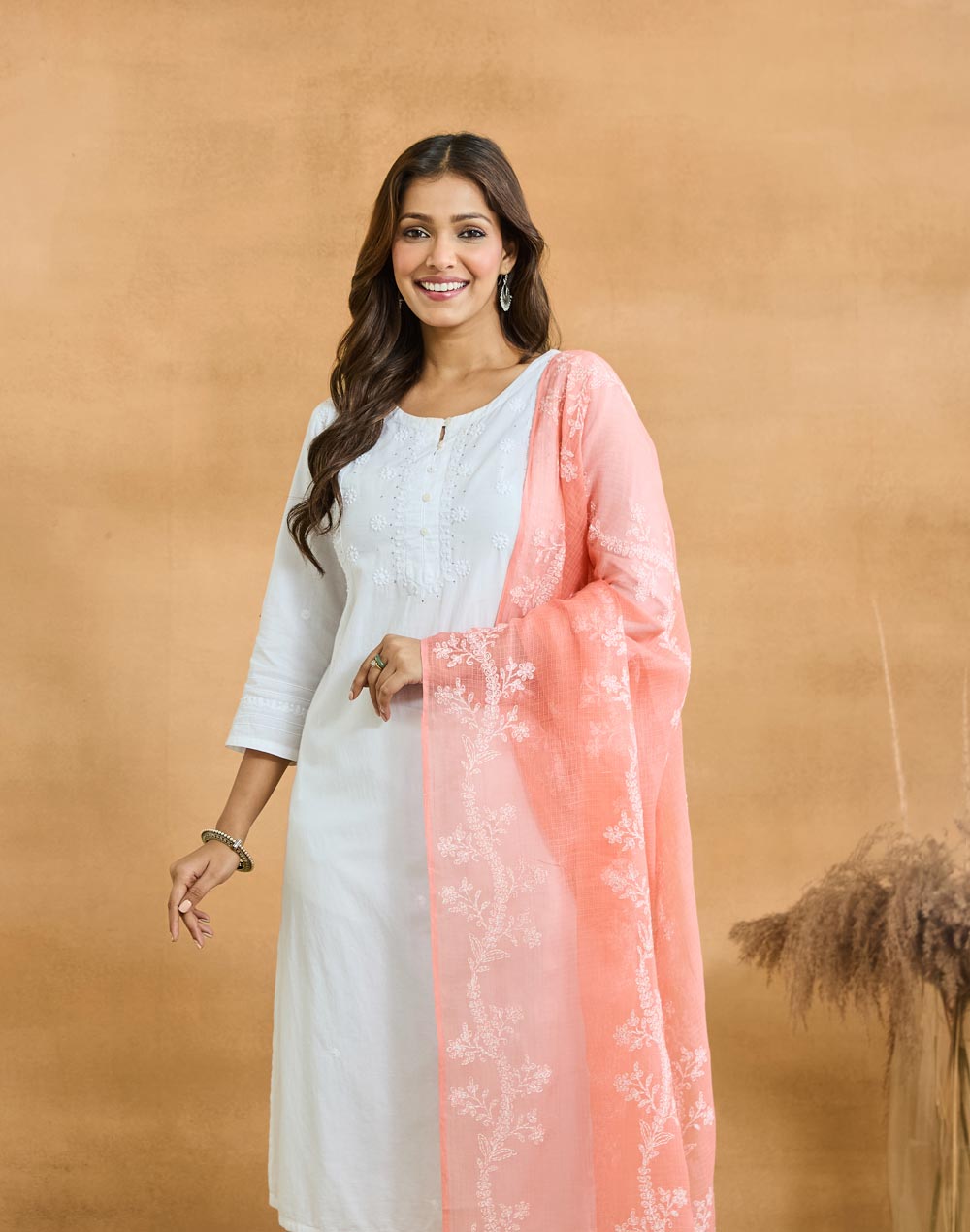 Pink Cotton Silk Blend Chikankari Dupatta