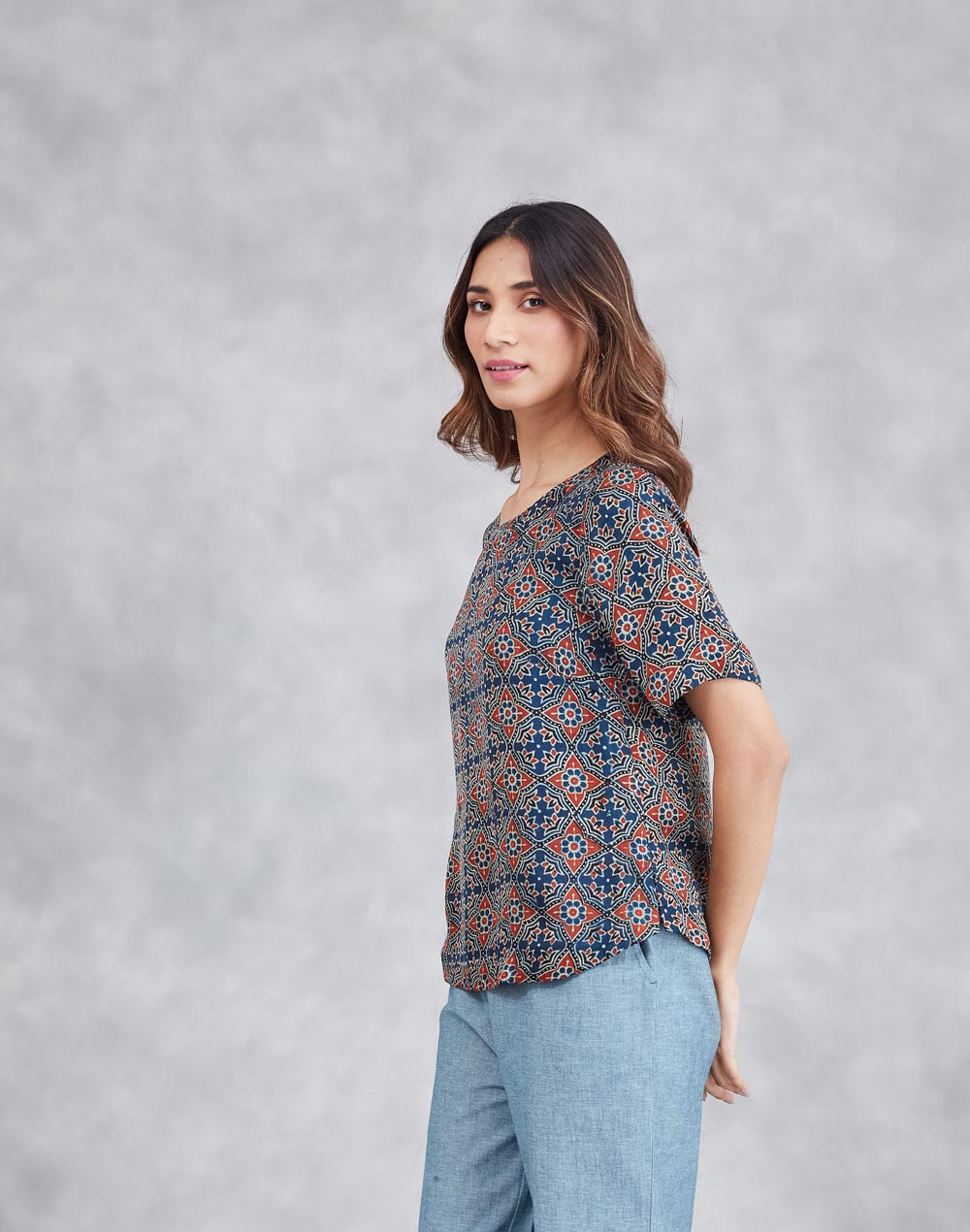 Blue Rayon Blend Ajrakh Printed Arcadian Top