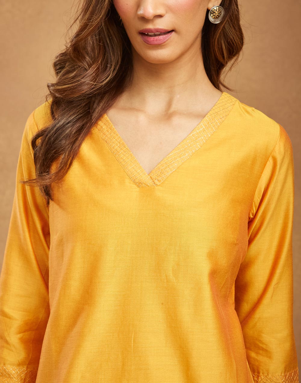 Yellow Cotton Silk Knee Length Kurta