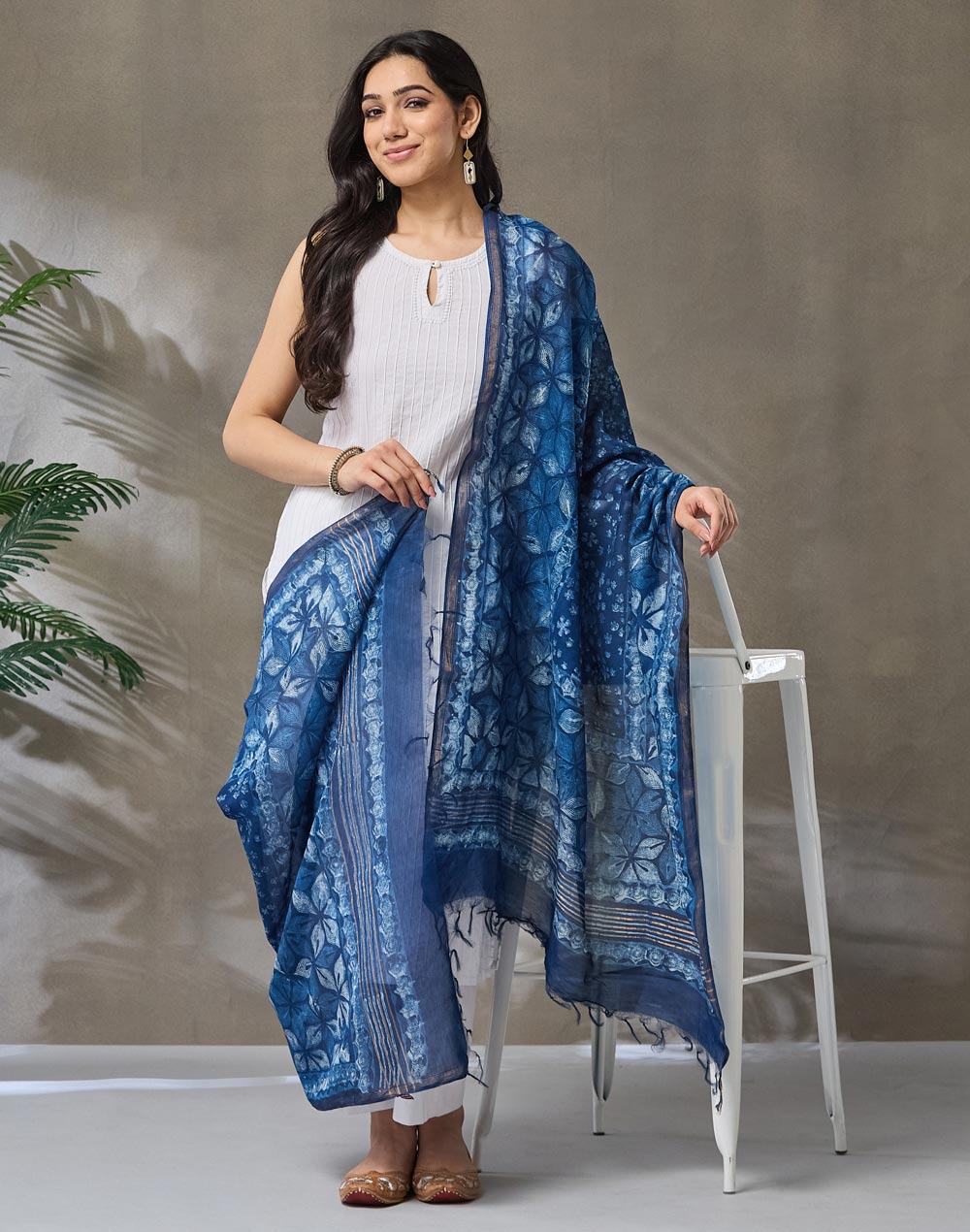 Indigo Cotton Silk Blend Hand Block Print Dupatta