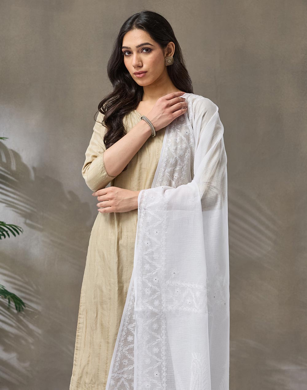 White Cotton Silk Blend Chikankari Dupatta