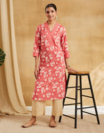 Pink Cotton Hand Block Print Long Kurta