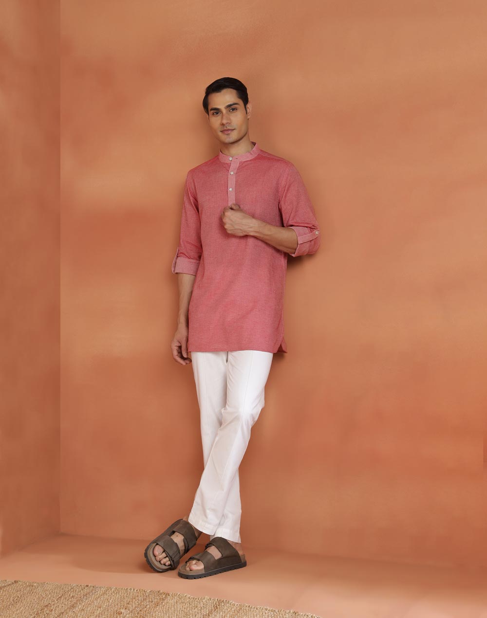 Red Cotton Dobby Slim Fit Short Kurta