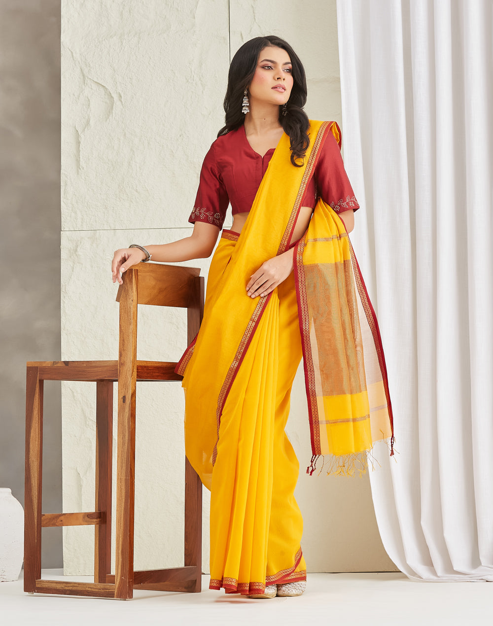Mustard Cotton Silk Blend Maheshwari Sari