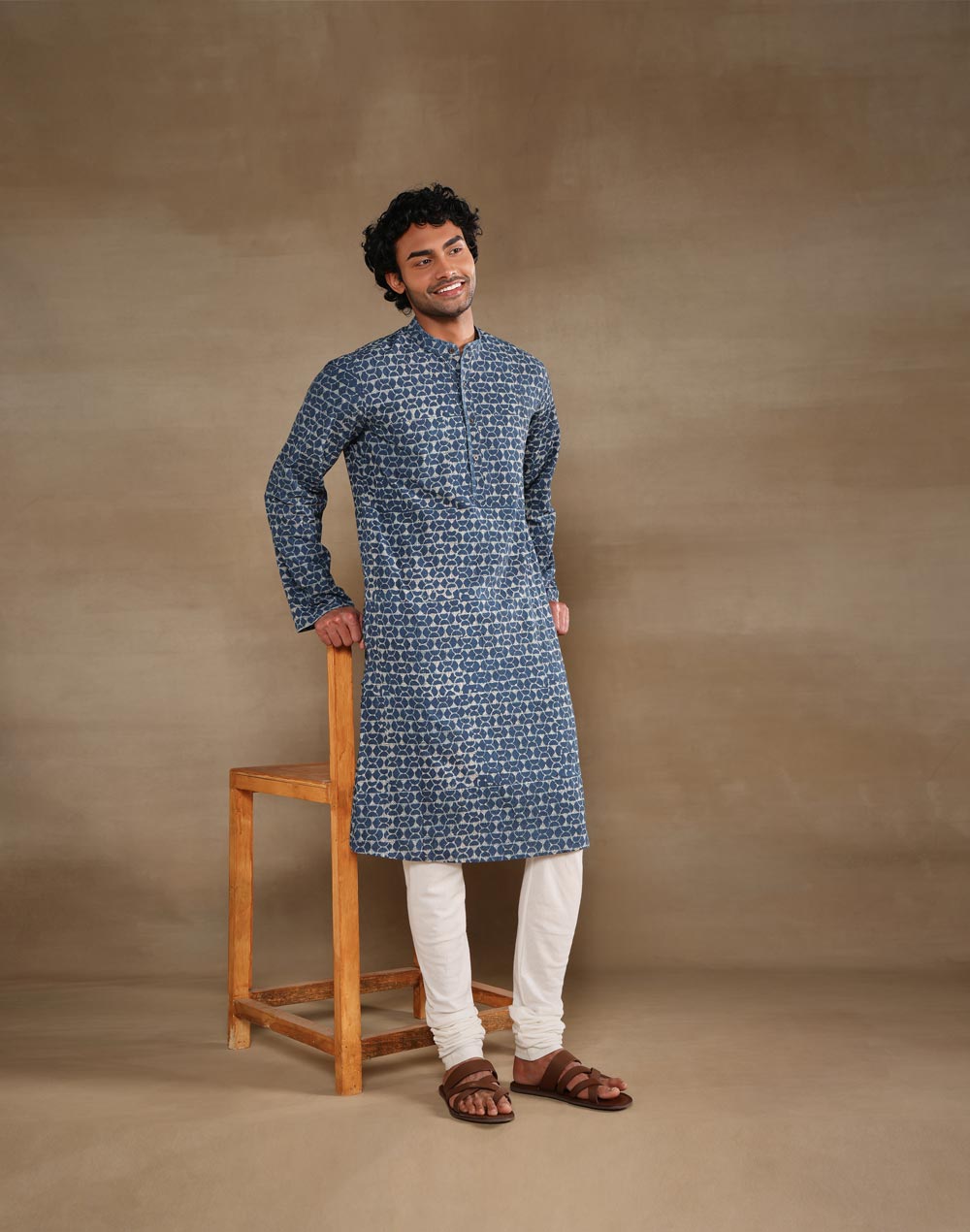 Indigo Cotton Dabu Printed Slim Fit Long Kurta