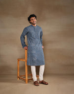 Indigo Cotton Dabu Printed Slim Fit Long Kurta