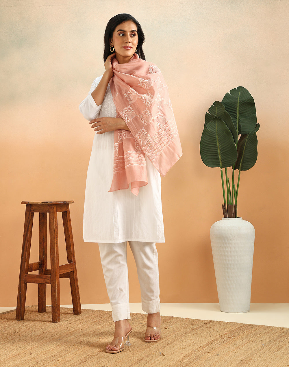 Pink Cotton Silk Chikankari Stole