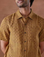 Mustard Linen Hand Block Printed Bush Shirt