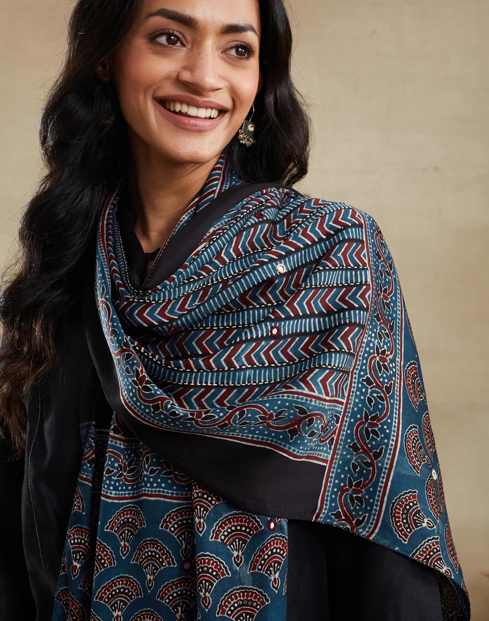 Indigo Viscose Blend Ajrakh Printed Stole