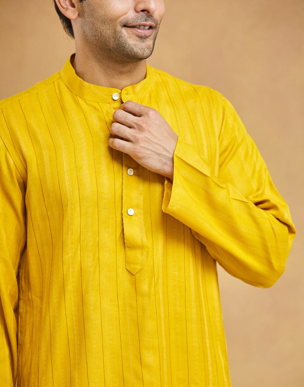 Yellow Viscose Blend Dobby Slim Fit Long Kurta